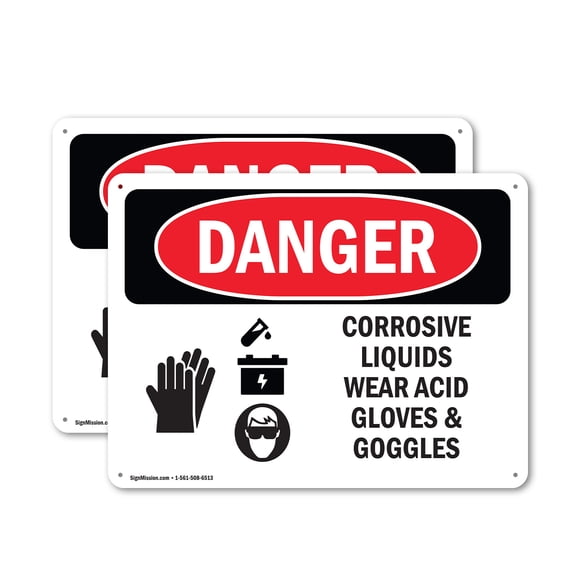 (2 Pack) Corrosive Liquids Wear Acid Gloves And Goggles OSHA Danger Sign 10 Inch X 7 Inch Plastic Sign, Weather Resistant, UV Protected for Workplace, Business, and Construction Site,