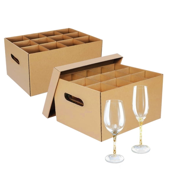 2 Pack Corrugated Cardboard Moving Boxes with Handles and Lids for Wine Glasses and Dishware