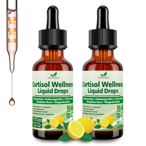 2 Pack Cortisol Supplement Liquid Drops, 17-in-1 Cortisol Detox w. Magnesium Glycinate 400mg Ashwagandha, L-Theanine, Phosphatidylserine, Hormone Balanced for Women, Mood Focus, Sleep Support