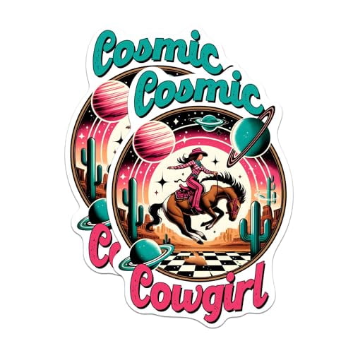 (2 Pack) Cosmic Cowgirl Stickers - Cool Retro Cactus Vibe Western Sticker - 5 Inches On Longest Side - Premium Vinyl - for Cars, Trucks, Skateboards, Laptops - Made in USA - BMCS0640