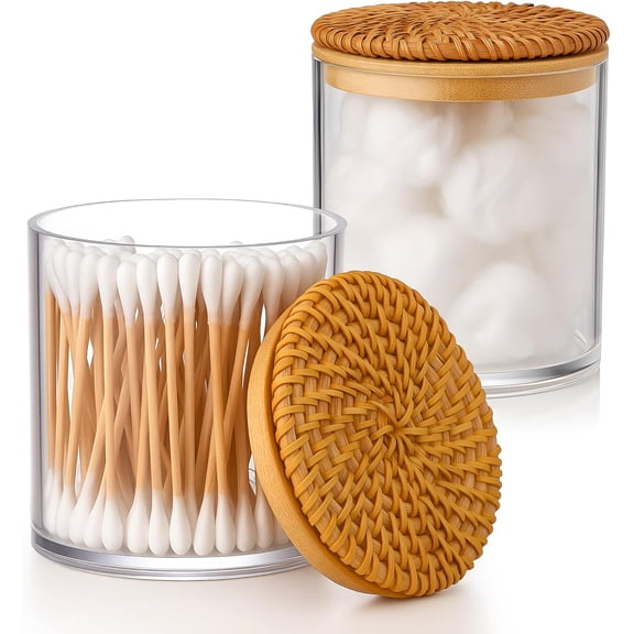 2 Pack Cotton Ball Holder Cotton Pad Holder with Rattan Lids Bathroom Container 10 oz Clear Plastic Apothecary Jar Containers Vanity Canisters Jars Accessories Set for Floss