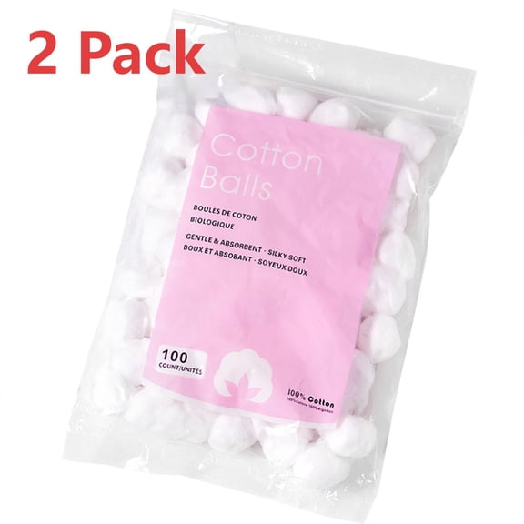 2 Pack Cotton Balls, Soft and Absorbent for Make-Up, Nail Polish Removal, Pet Care, Applying Lotion or Powder and First-Aid for Everyday Household Use, 200 Count