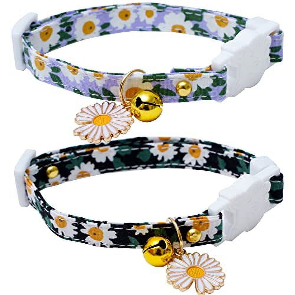 2 Pack Cotton Breakaway Cat Collars with Bell Daisy Pendant Kitty