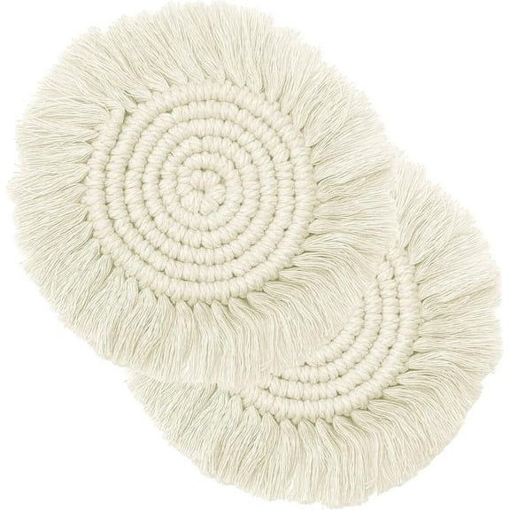 2 Pack Cotton Coasters for Drinks, Round Woven Absorbent Coasters with Tassels, Boho Decor Macrame Coasters Heat Protection Mat for Home, Office and Bar, Housewarming Gift-7in White