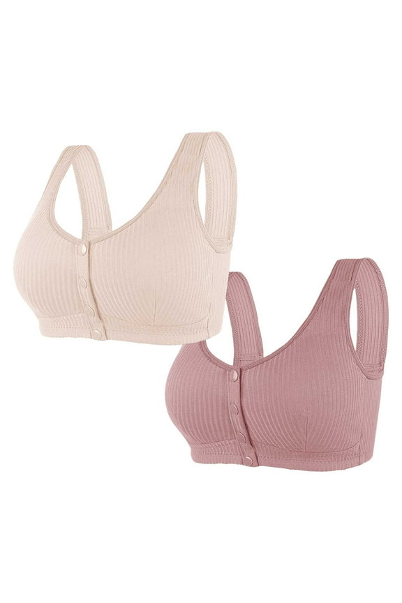 2 Pack Cotton Daisy Bras for Older Women Front Closure Full Coverage Comfort Senior Wireless Snap Closing Bra