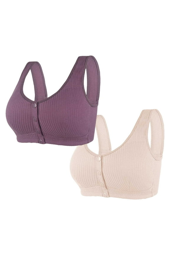 2 Pack Cotton Daisy Bras for Older Women Front Closure Full Coverage Comfort Senior Wireless Snap Closing Bra