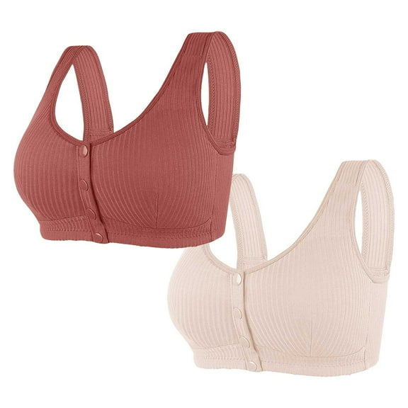 2 Pack Cotton Daisy Bras for Older Women Front Closure Full Coverage Comfort Senior Wireless Snap Closing Bra