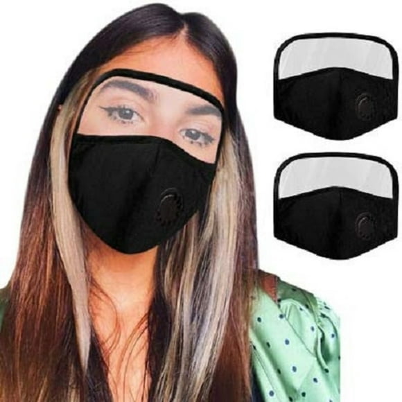 2 Pack Cotton Face Masks with Eye Shield Breathing Valve 4 Filters Washable Black