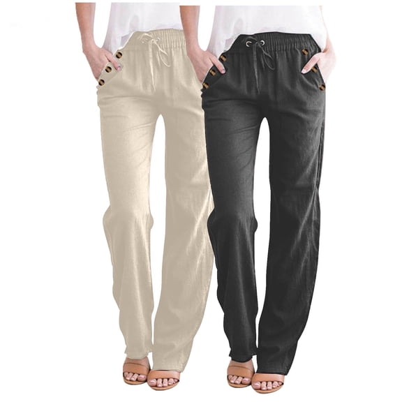 2 Pack Cotton Linen Pants for Women Casual Baggy Straight Leg Lounge Pants Fall Solid Yoga Beach Pants High Waist Trousers