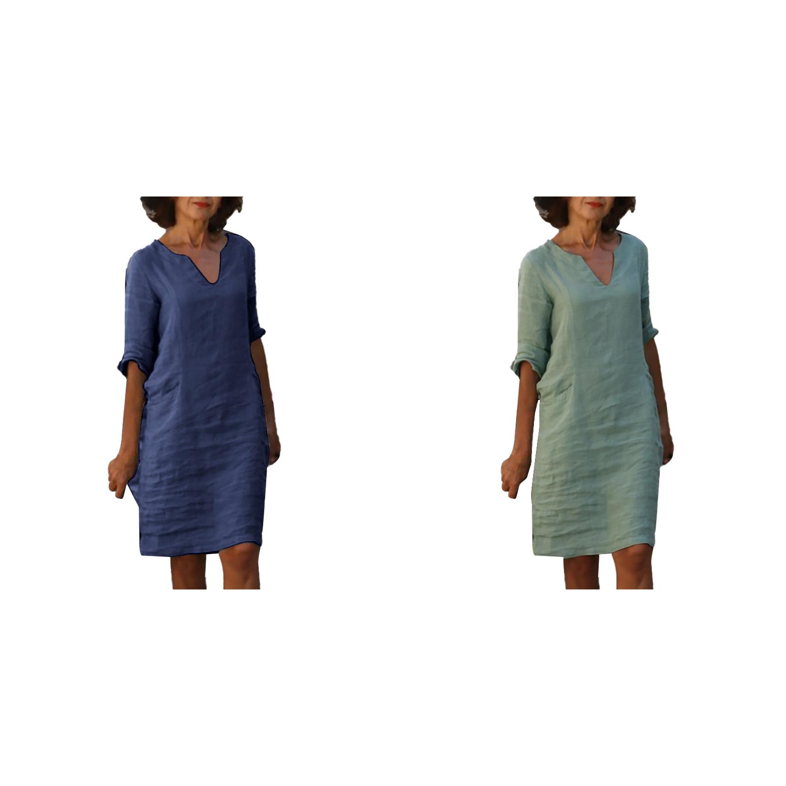 (2Pack) Cotton and Linen Short Womens Dress Sleeve Holiday Semi Casual
