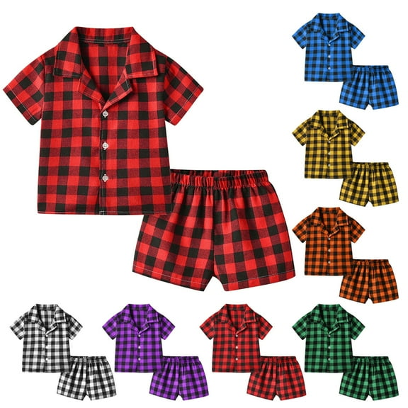 2 Pack Cotton Pajama Sets for Boys 2 Piece Loungewear Outfits 6M-8Y Toddlers Kids Lightweight Plaid Short Sleeve Shirts and Shorts Homewear Set