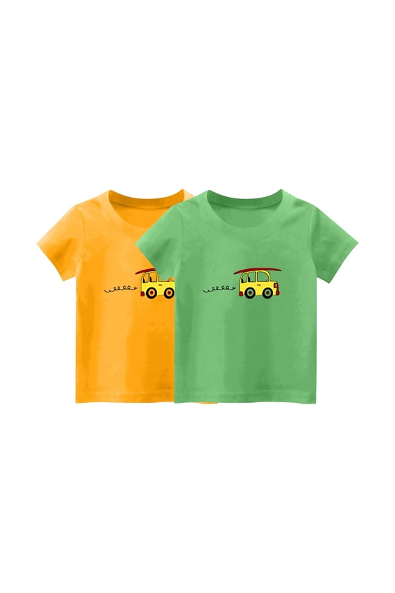 2 Pack Cotton T-Shirts for Boys Girls Casual Cute Cartoon Car Print Short Sleeve Tops Crewneck Summer Tees (1 Years, Army Green)