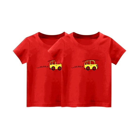 2 Pack Cotton T-Shirts for Boys Girls Casual Cute Cartoon Car Print Short Sleeve Tops Crewneck Summer Tees (10 Years, Red)