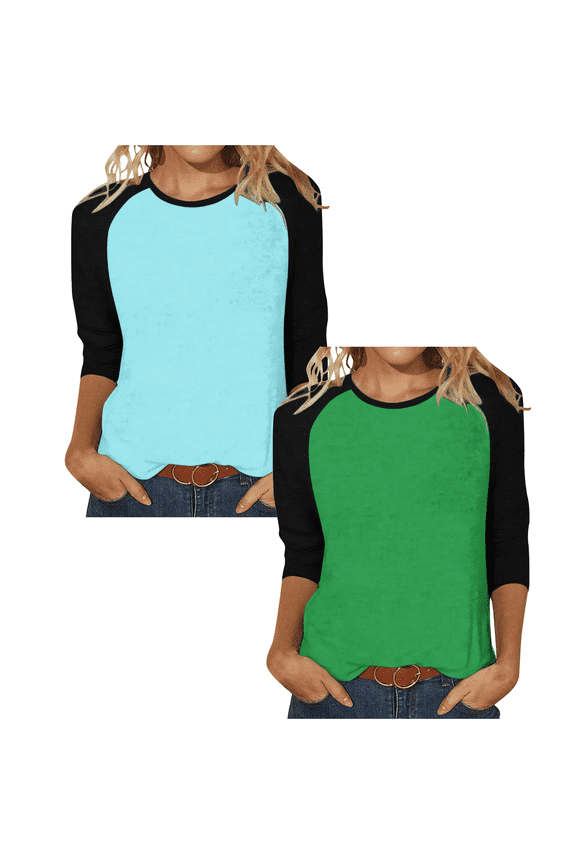 2 Pack Cotton T Shirts for Women Crew Neck Raglan 3/4 Sleeve Loose Tee Casual Fall Tops Basic Tshirts Bulk, 2XL 2PC-Green