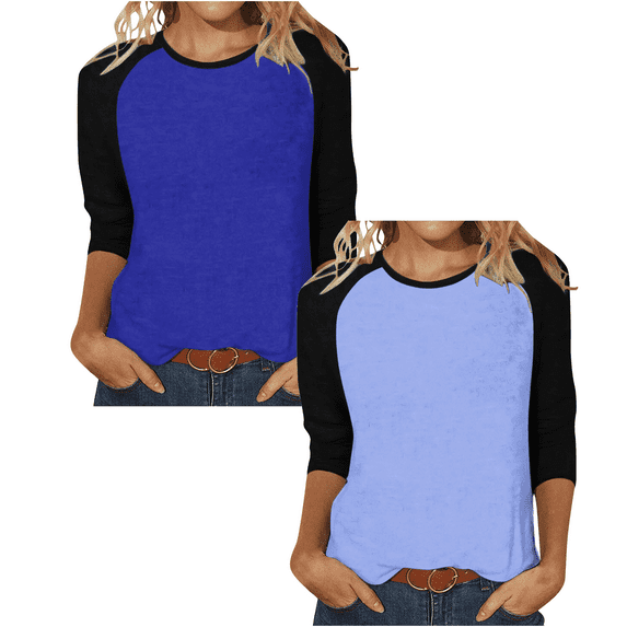 2 Pack Cotton T Shirts for Women Crew Neck Raglan 3/4 Sleeve Loose Tee Casual Fall Tops Basic Tshirts Bulk, XL 2PC-Blue