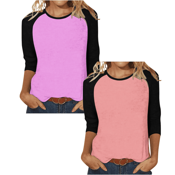 2 Pack Cotton T Shirts for Women Crew Neck Raglan 3/4 Sleeve Loose Tee Casual Fall Tops Basic Tshirts Bulk, XL 2PC-Pink