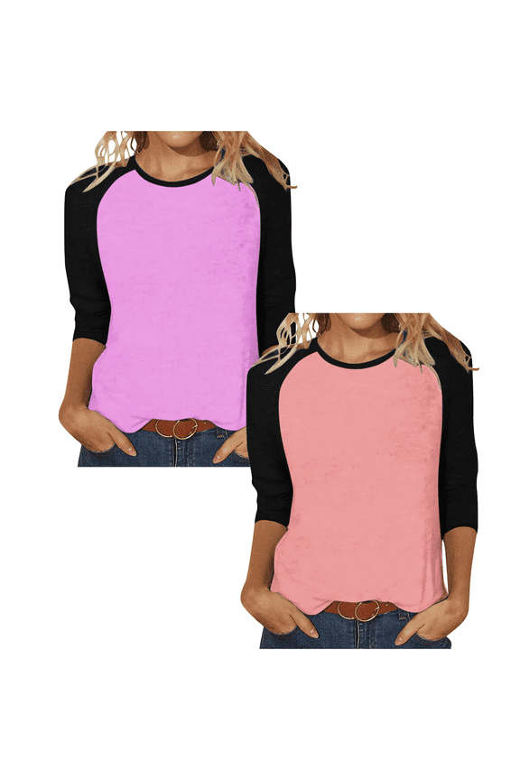2 Pack Cotton T Shirts for Women Crew Neck Raglan 3/4 Sleeve Loose Tee Casual Fall Tops Basic Tshirts Bulk, XL 2PC-Pink