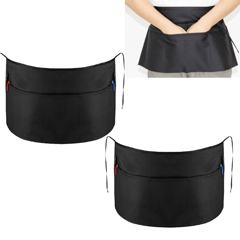 2 Pack Cotton Waist Apron with 3 Pockets, Waitress Server Half Short Waiter Serving Money Aprons, Black
