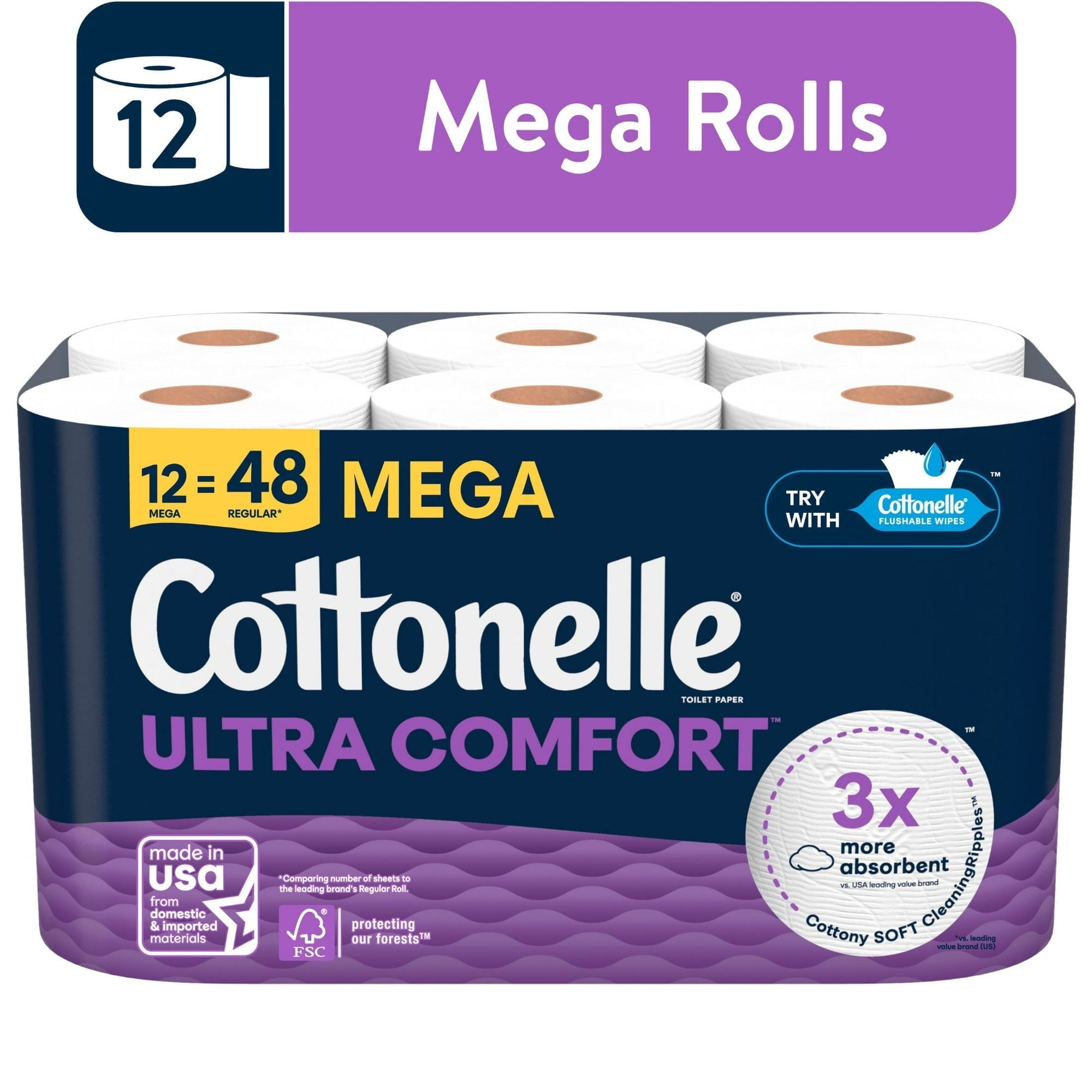 (2 Pack) Cottonelle Ultra Comfort Toilet Paper, Soft Toilet Tissue, 12 Mega Rolls