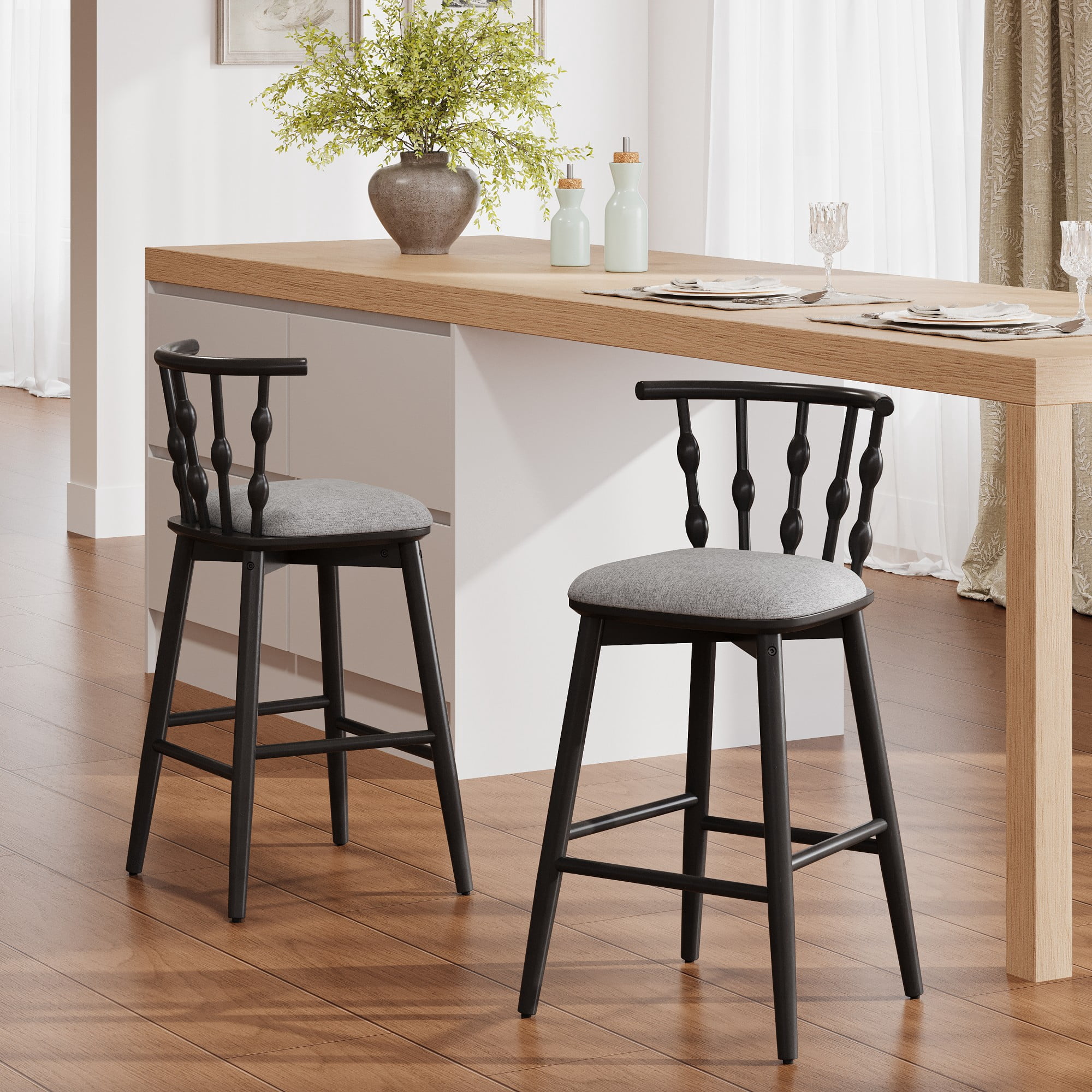 2-Pack Counter Height Wood Bar Stools with Back,Modern Upholstery Counter Chairs with Wood Legs for Dining Room,Kitchen Island,Gray