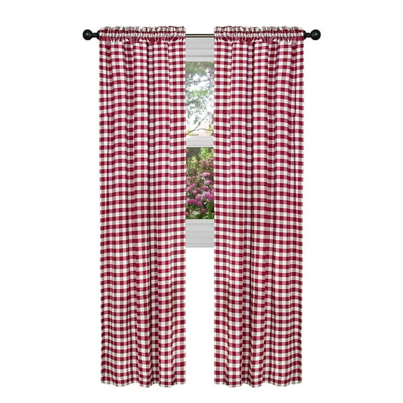 2 Pack: Country Chic Plaid Gingham Check Rod Pocket Window Curtain - Burgundy, 84 in. Long