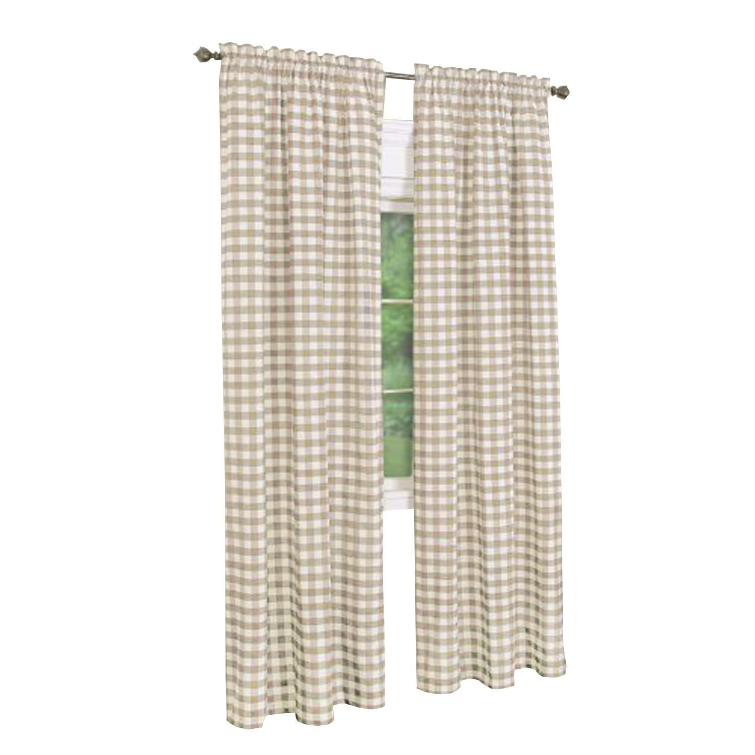 2 Pack: Country Chic Plaid Gingham Check Rod Pocket Window Curtain - Taupe, 63 in. Long