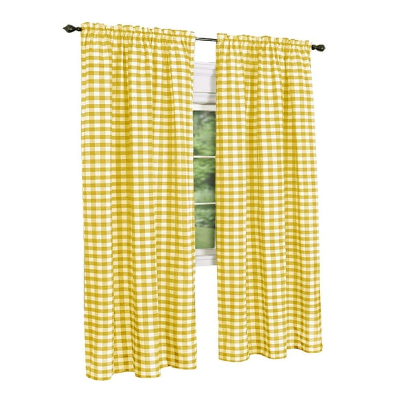 2 Pack: Country Chic Plaid Gingham Check Rod Pocket Window Curtain - Yellow, 63 in. Long