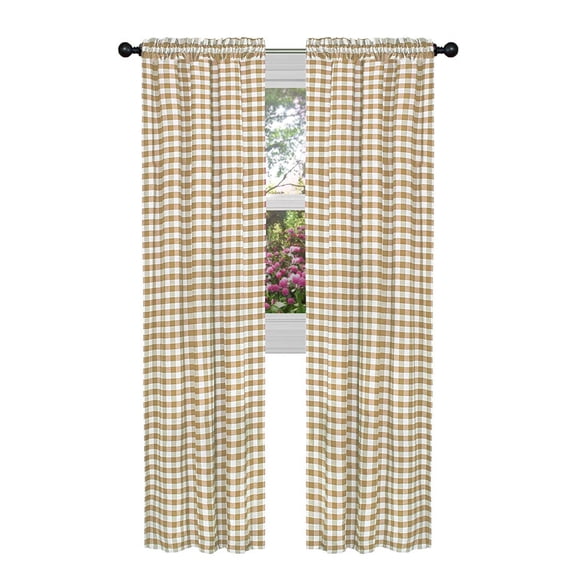 2 Pack Country Farmhouse Basic Plaid Checkered Window Curtains - Taupe/Linen, 95 in. Long