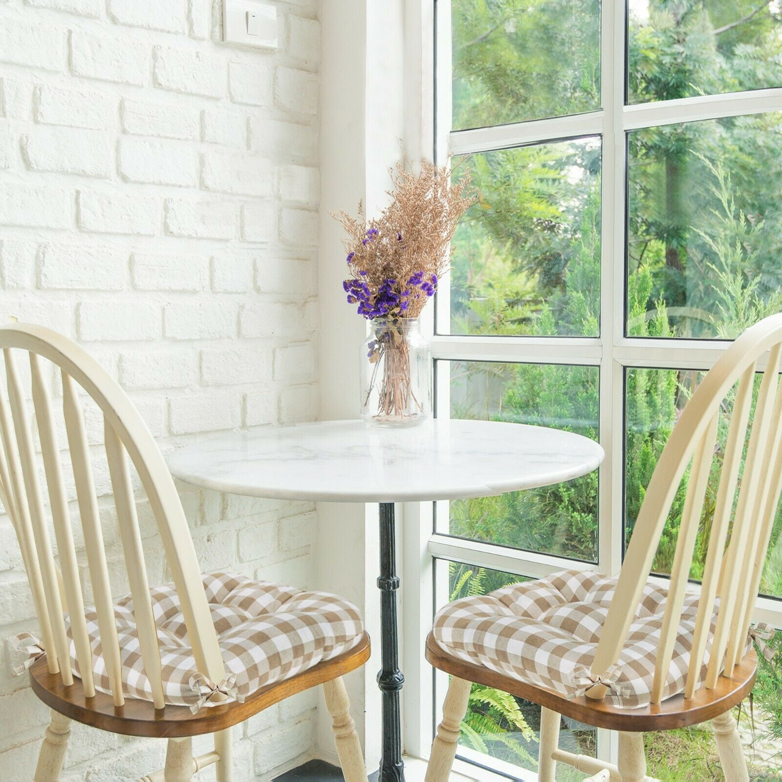 2 Pack Country Farmhouse Plush Buffalo Plaid Checkered Chair Cushion Pads With Tear Proof Ties - Linen/Beige