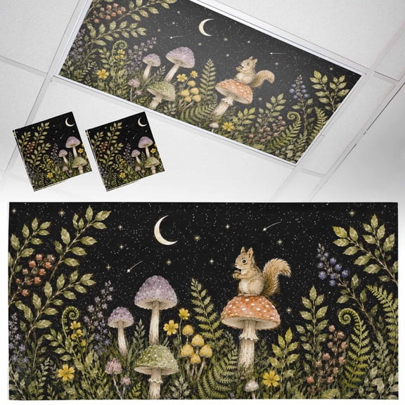 2 Pack Country Squirrel Fluorescent Light Covers for Ceiling Lights Midnight Moon Forest Red Purple Mushroom Green Plant Magnetic Ceiling Light Covers Overhead Light Filters for Office Classroom Home