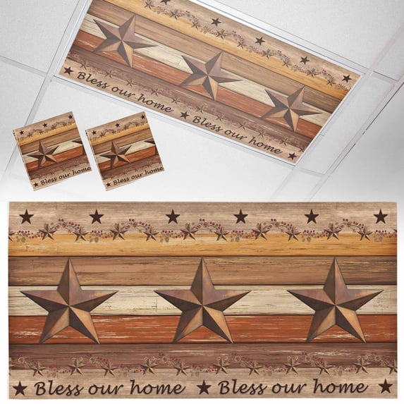 2 Pack Country Stars Fluorescent Light Covers for Ceiling Lights Vintage Wood Grain Bless Our Home Farmhouses Magnetic Ceiling Light Covers Overhead Light Filters for Office Classroom Home