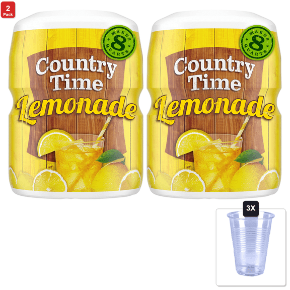 2 Pack | Country Time Lemonade, 1 Canister, For Flavorful Hydration And Shareable Refreshment, 19 Oz & 3x 16oz Plastic Cup with Strawless Sip-Lid
