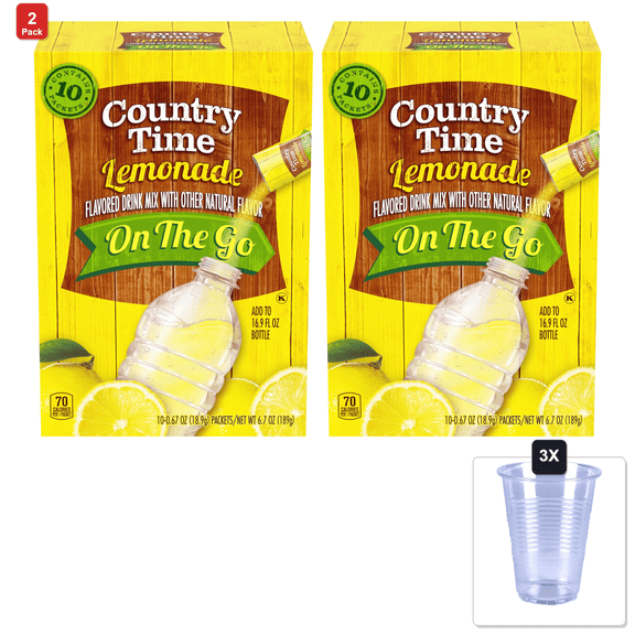 2 Pack | Country Time Lemonade Naturally Flavored With Other Natural Flavor On-The-Go Powdered Drink Mix, 60 Ct Packs, 6 Boxes, 10 Ct Packets & 3x 16oz Plastic Cup with Strawless Sip-Lid