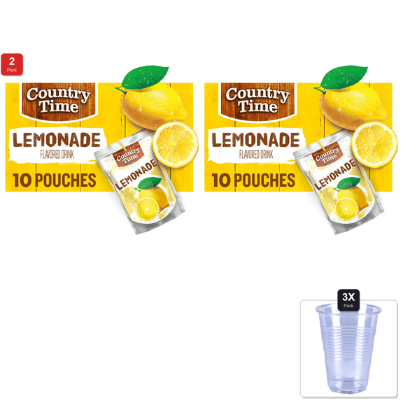 2 Pack | Country Time Lemonade Ready To Drink Flavored Drink Pouches, 10 Ct Box, 6 Fl Oz Pouches & 3x Disposable Cup