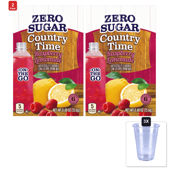 2 Pack | Country Time Sugar-Free Raspberry Lemonade On-The-Go Powdered Drink Mix 72 Count & 3x 16oz Plastic Cup with Strawless Sip-Lid