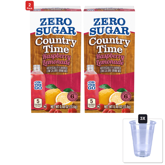 2 Pack | Country Time Zero Sugar Raspberry Lemonade Powdered Drink Mix, 6 Ct On-The-Go Packets, 8 Per Case & 3x 16oz Plastic Cup with Strawless Sip-Lid