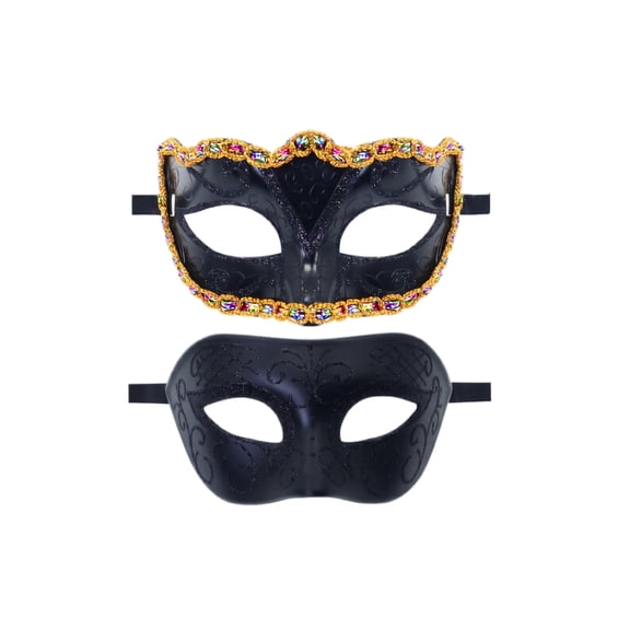 2 Pack, Couples Masquerade Masks Black Masquerade Mask with Gold Rhinestone Trim, Venetian Mask Set for Halloween Party, Mardi Gras and Masquerade Events