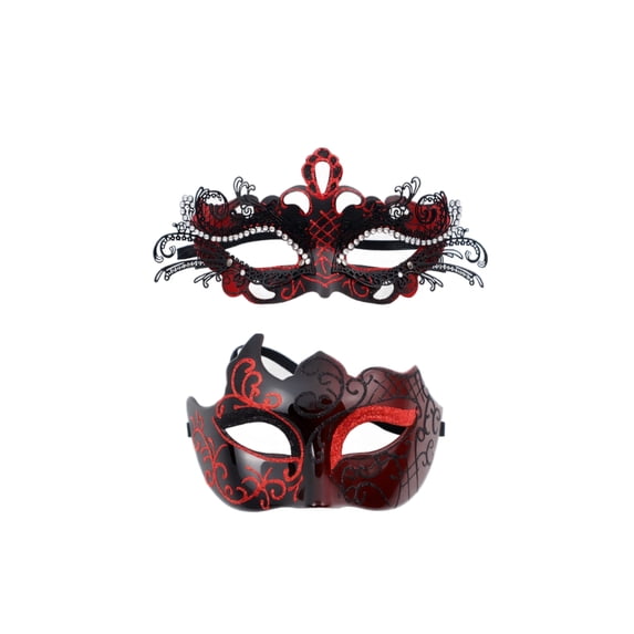 2 Pack, Couples Masquerade Masks, Black and Red Venetian Style, Accessory Set for Masquerade Party Halloween Mardi Gras Events, Adult Sized
