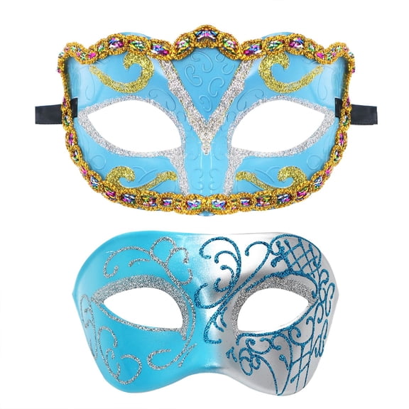 2 Pack, Couples Masquerade Masks Blue Gold Rhinestone Trim Venetian Masks Halloween Accessory for Masquerade Party Mardi Gras Event