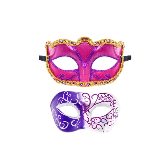 2 Pack, Couples Masquerade Masks, Halloween Mask, Decorated Half Face Party Mask with Gold Rhinestone Trim for Masquerade Party Mardi Gras Halloween Events, Rose Purple and White