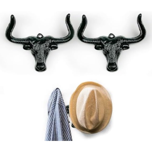 2 Pack Cowboy Hat Rack for Wall,Cast Iron Cowboy Hat Hanger,Western Longhorn Cowboy Hat Holder,Hat Hacks for Bedroom,Living Room(Black)