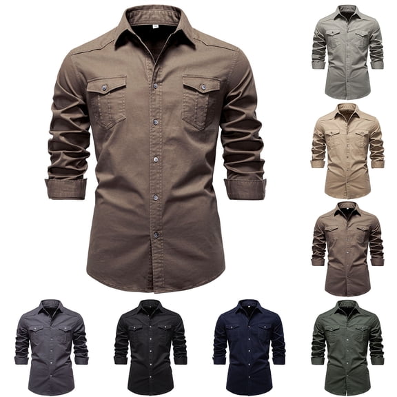 2 Pack Cowboys Shirts for Men with Pockets Long Sleeve Button-Down Collared Tshirts Shirt Mens Casual Solid Color Breathable Slim Work Tops