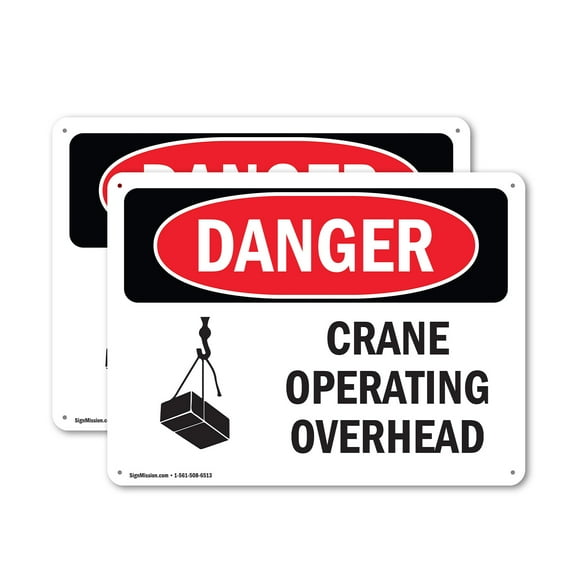 (2 Pack) Crane Operating Overhead OSHA Danger Sign 14 Inch X 10 Inch Plastic Sign, Weather Resistant, UV Protected for Workplace, Business, and Construction Site, Made in the USA