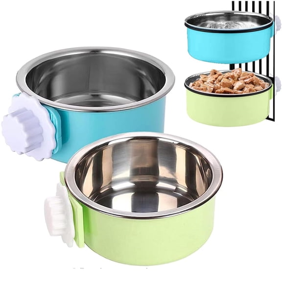 2 Pack Crate Dog Bowl Cat Removable Stainless Steel Food and Water Feeder Hanging Cage Bowls Coop Cup with Cleaning Set for Pet Puppy Bird Rat Guinea Pig Ferret Bunny Rabbit