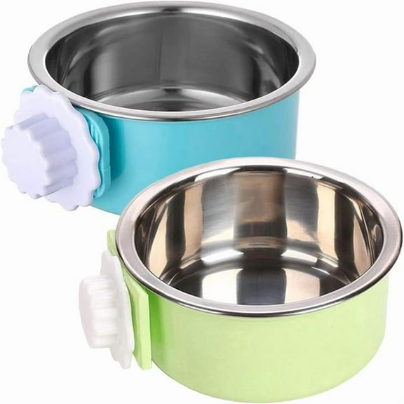 2 Pack Crate Dog Bowl, Removable Stainless Steel Hanging Pet Kennel Cage Bowl Food & Water Feeder Coop Cup for Puppy, Cat, Rabbit,Guinea Pigs (Blue,Green)
