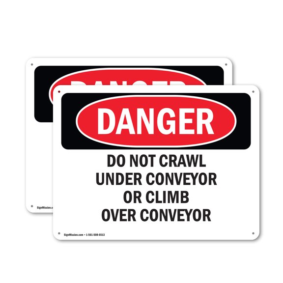 (2 Pack) Do Not Crawl Under Conveyor Or Climb Over Conveyor OSHA Danger Sign 14 Inch X 10 Inch Indoor / Outdoor Rust-Free Aluminum Metal Signs for Workplace, Workshop, and Construction Site
