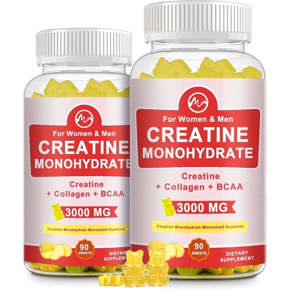 (2 Pack)Creatine Monohydrate Gummies - with Collagen & BCAA Creatine Supplement, for Maximum Strength, Muscle Growth, Energy & Endurance - 90 Count