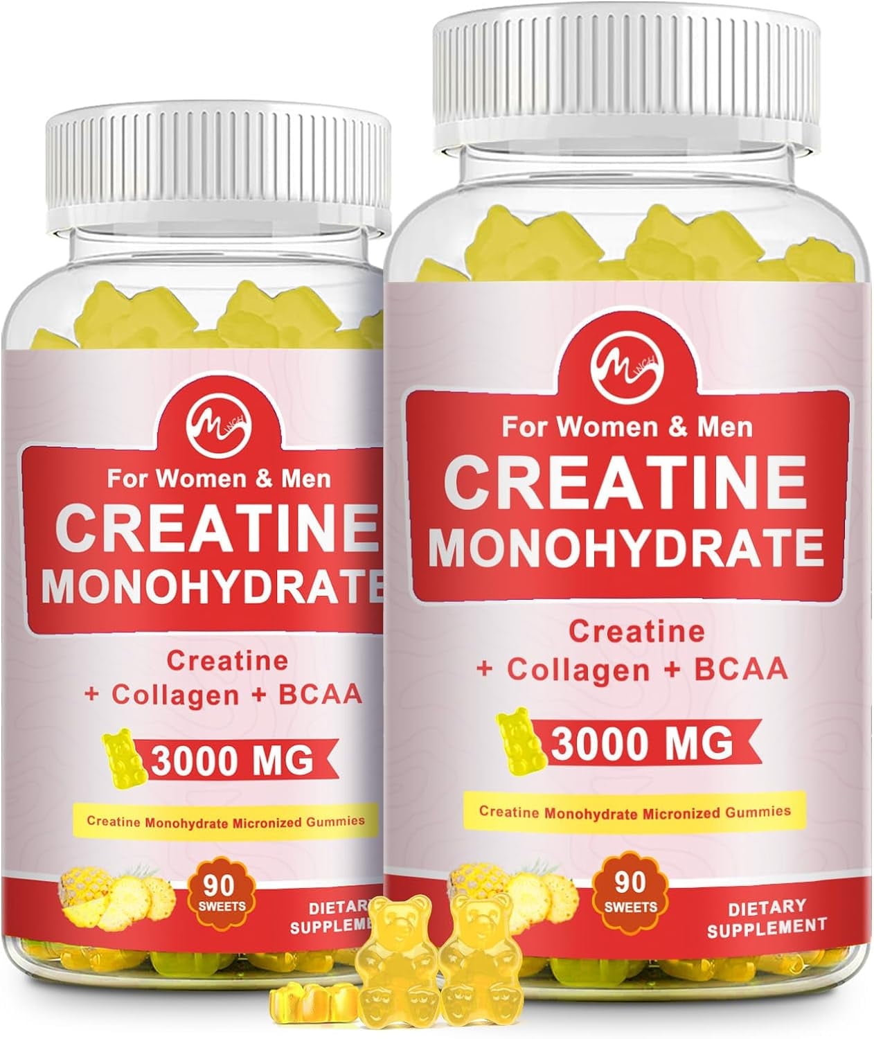 (2 Pack)Creatine Monohydrate Gummies - with Collagen & BCAA Creatine Supplement, for Maximum Strength, Muscle Growth, Energy & Endurance - 90 Count