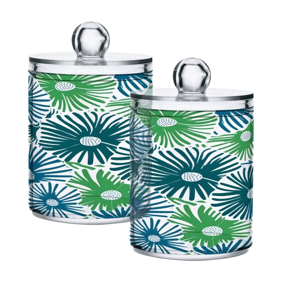 2 Pack Creative Hand-drawn Flowers Qtip Holder Dispenser Clear Plastic Storage Apothecary Jars for Cotton Swabs Balls Pads Floss