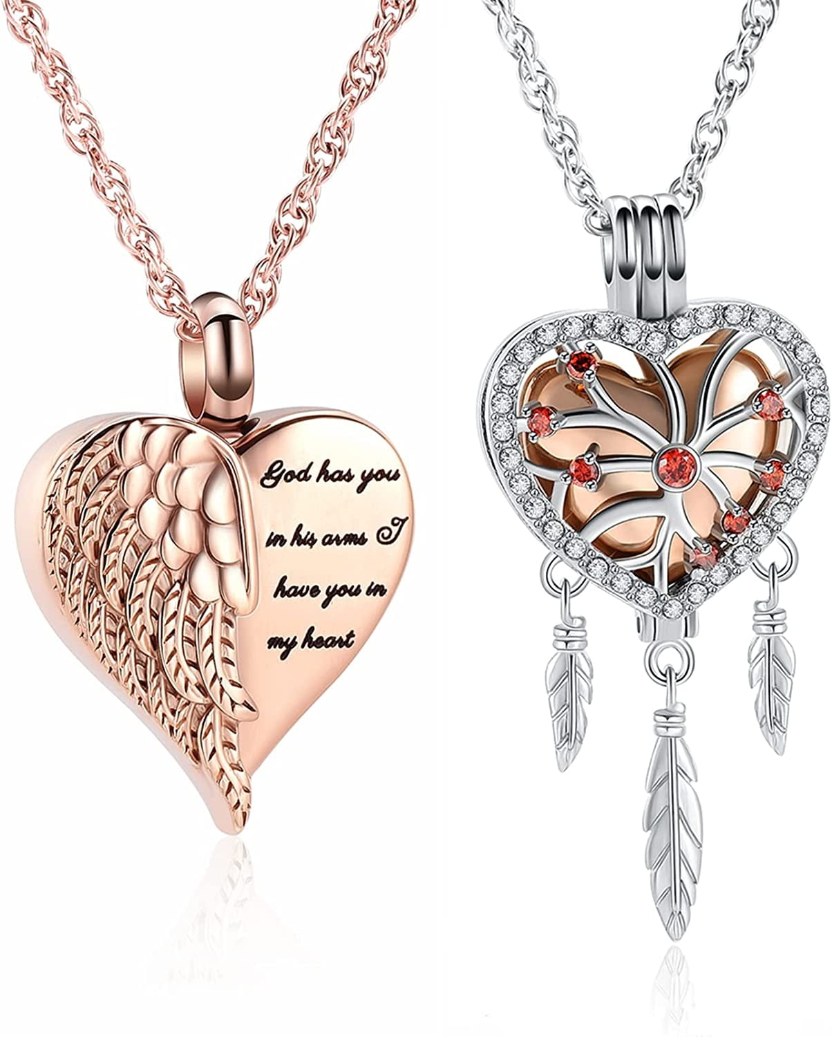 2 Pack Cremation Jewelry Heart Urn Necklaces Angel Wing Heart Dream